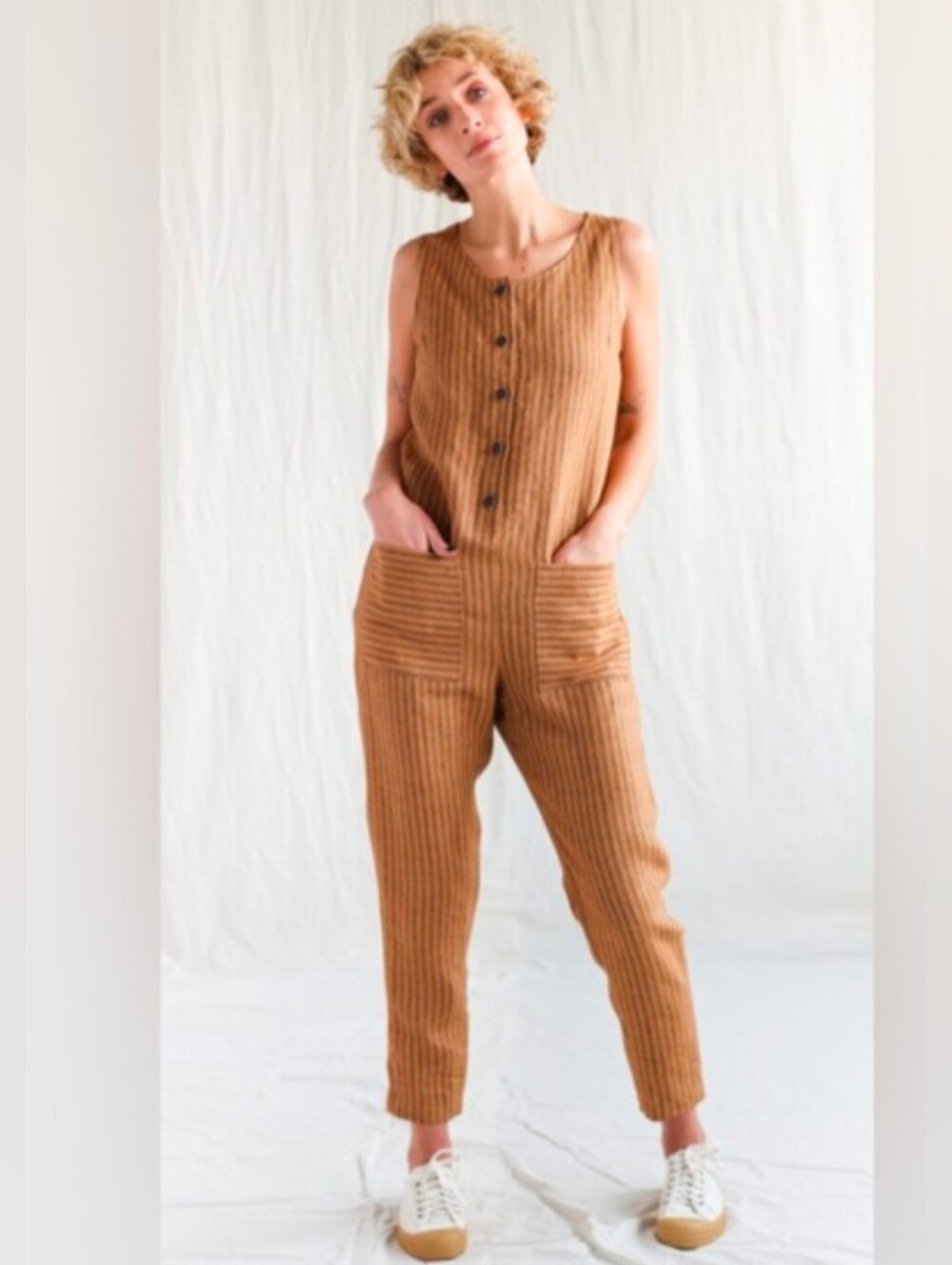 OFFON Sleeveless Striped Linen Jumpsuit Sustainable Indie Size Medium/Large